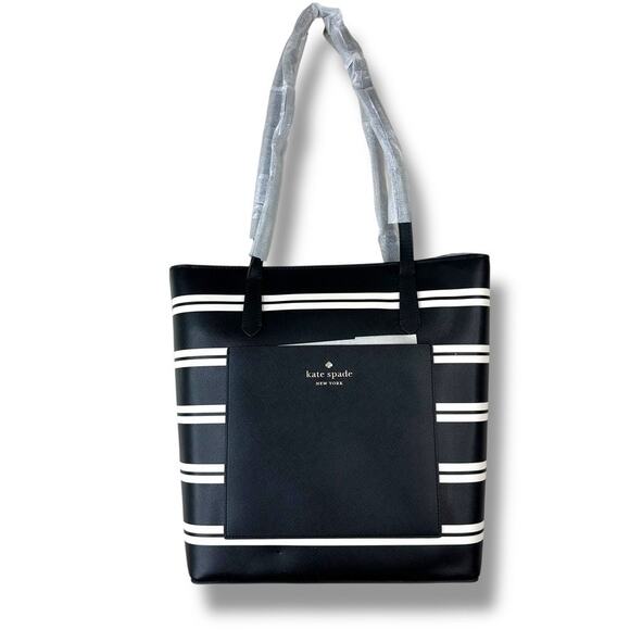 Kate Spade New York Black Multi Crisp Stripe Saffiano Daily Shoulder Tote Bag - Picture 3 of 11